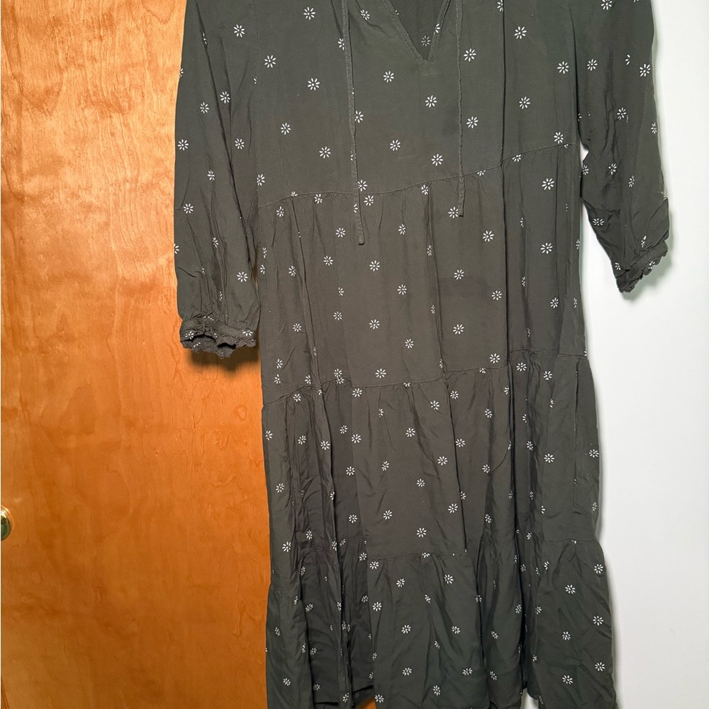Madewell Dark Green Floral Long Sleeve Dress Tiered tie midi dress stardot - Picture 5 of 12